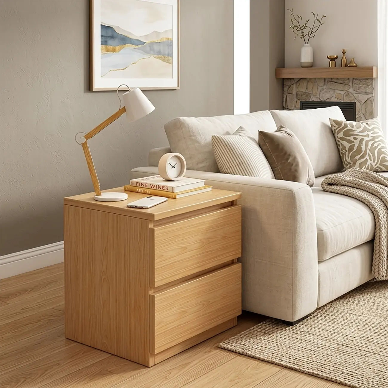 Simplistic Rectangular Wooden Bedside Table with Drawers Image - 2 | homeyfad