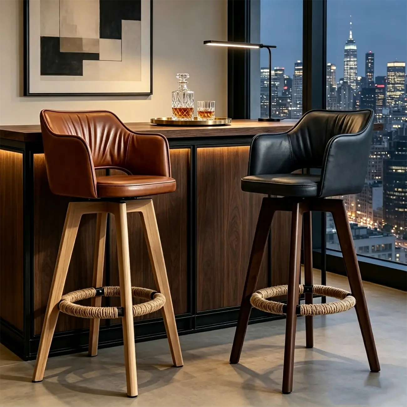Counter Swivel Leather Wooden Bar Stools With Footrest Image - 2