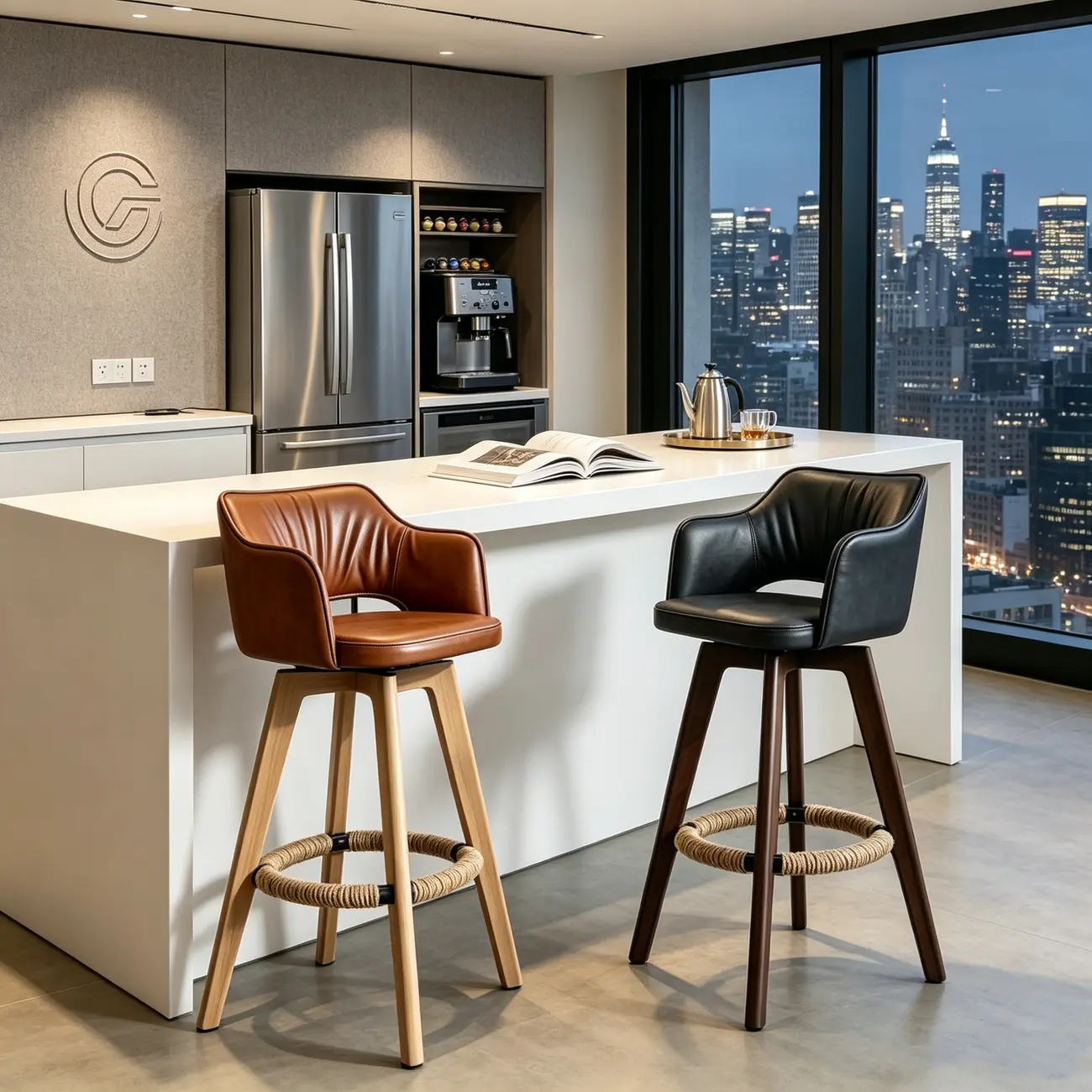 Counter Swivel Leather Wooden Bar Stools With Footrest Image - 5 | homeyfad