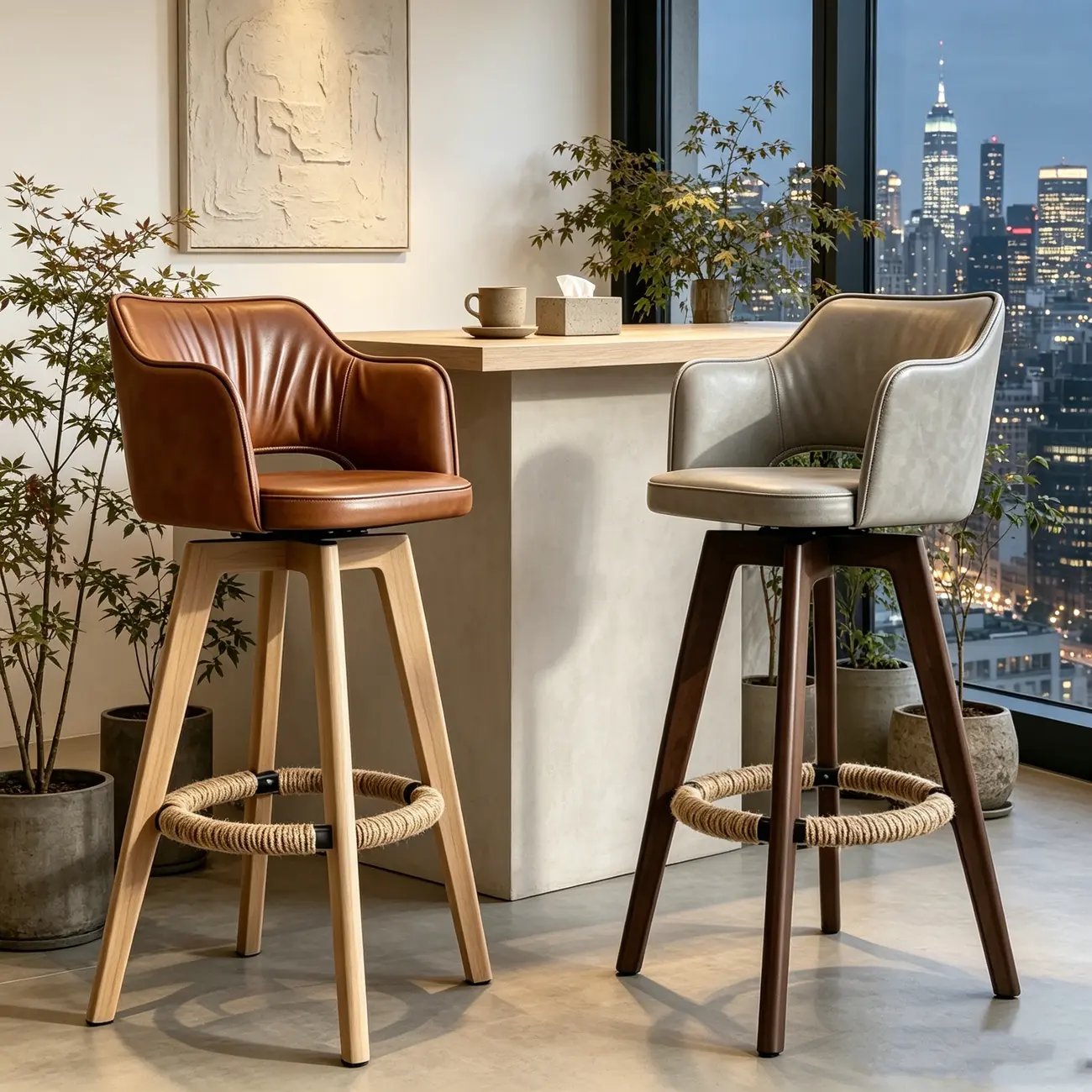 Counter Swivel Leather Wooden Bar Stools With Footrest Image - 6 | homeyfad
