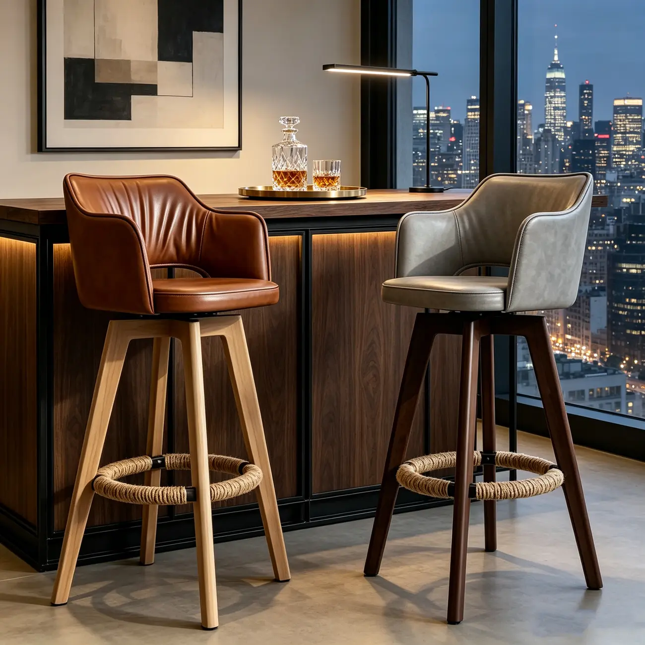 Counter Swivel Leather Wooden Bar Stools With Footrest Image - 7 | homeyfad