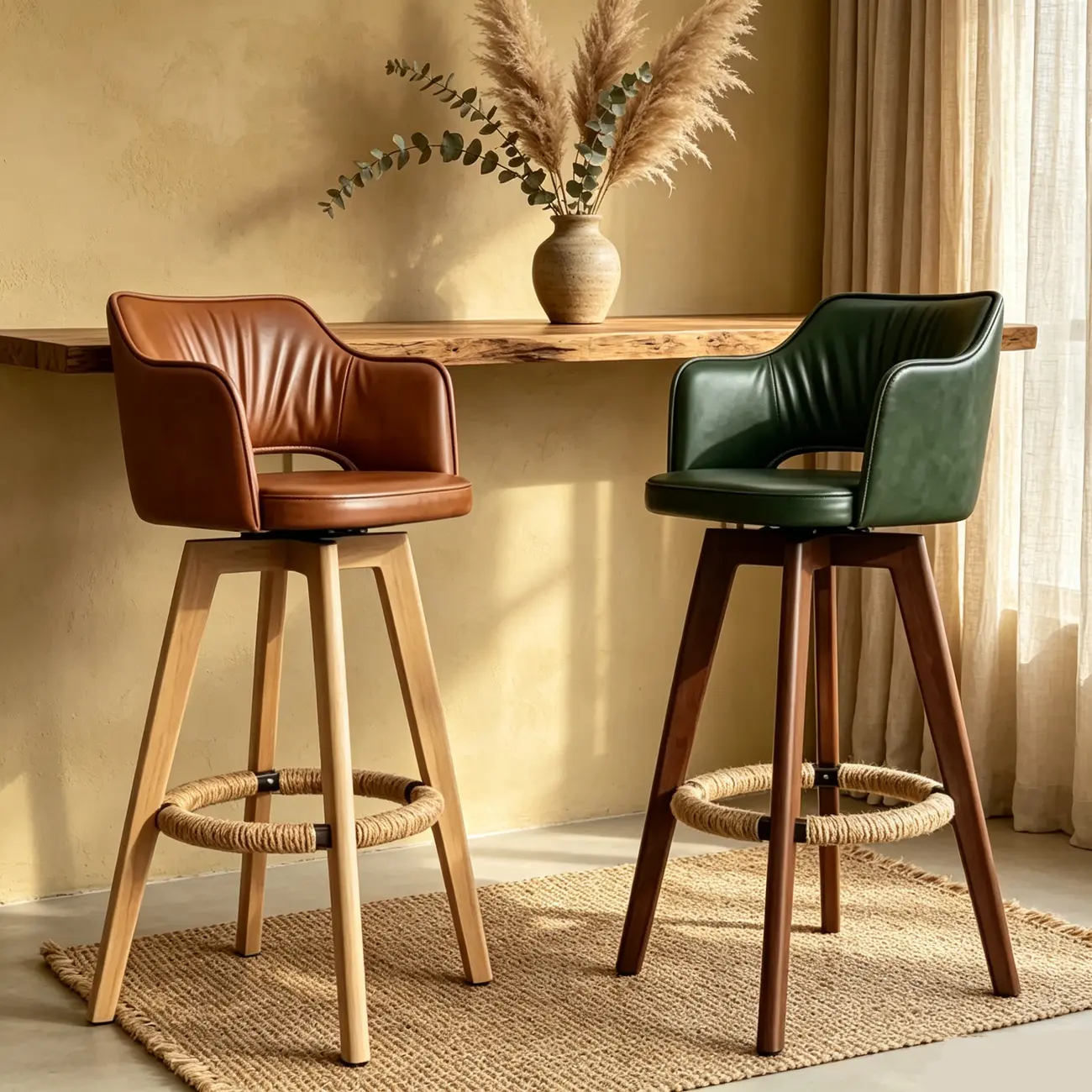 Counter Swivel Leather Wooden Bar Stools With Footrest Image - 8 | homeyfad