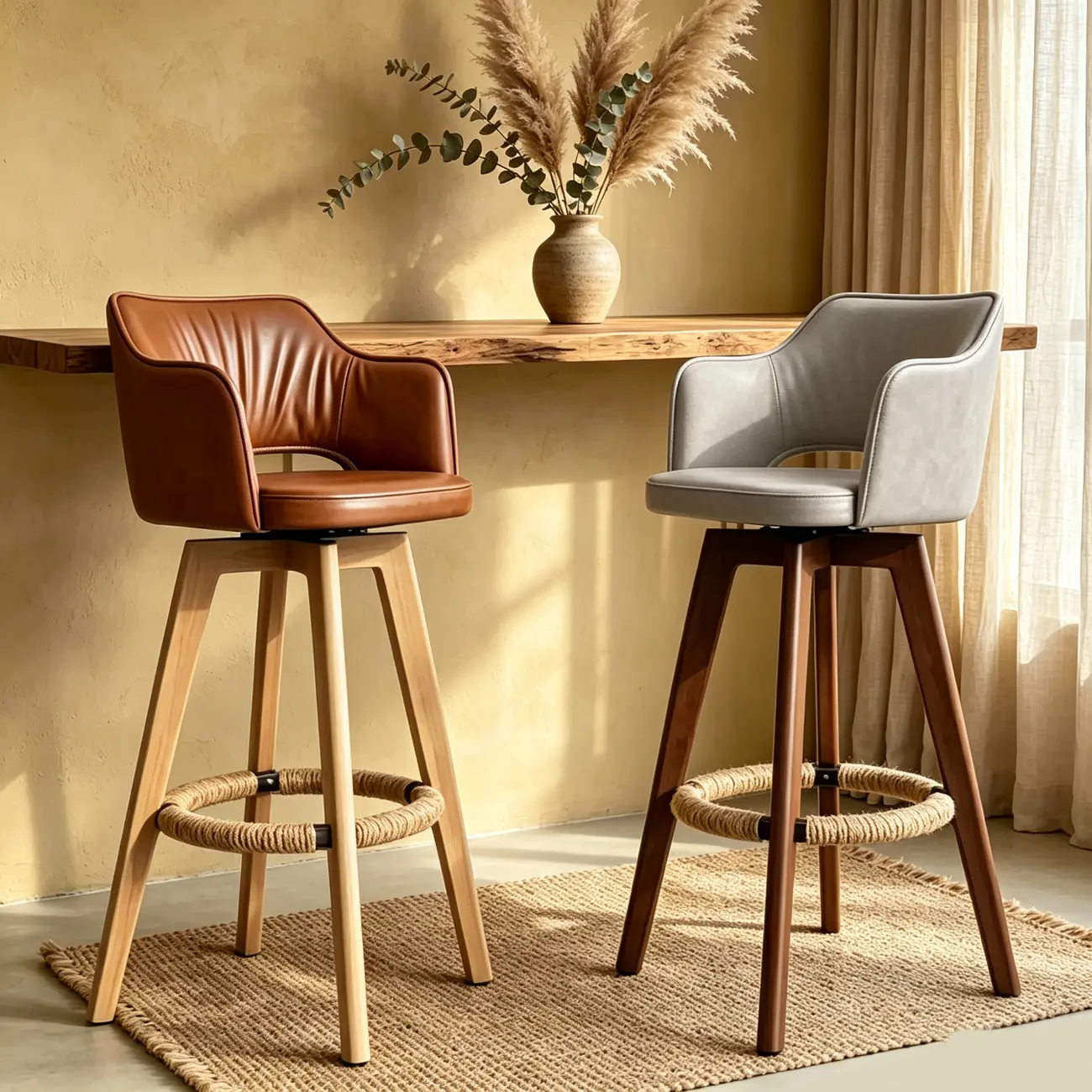 Counter Swivel Leather Wooden Bar Stools With Footrest Image - 3 | homeyfad