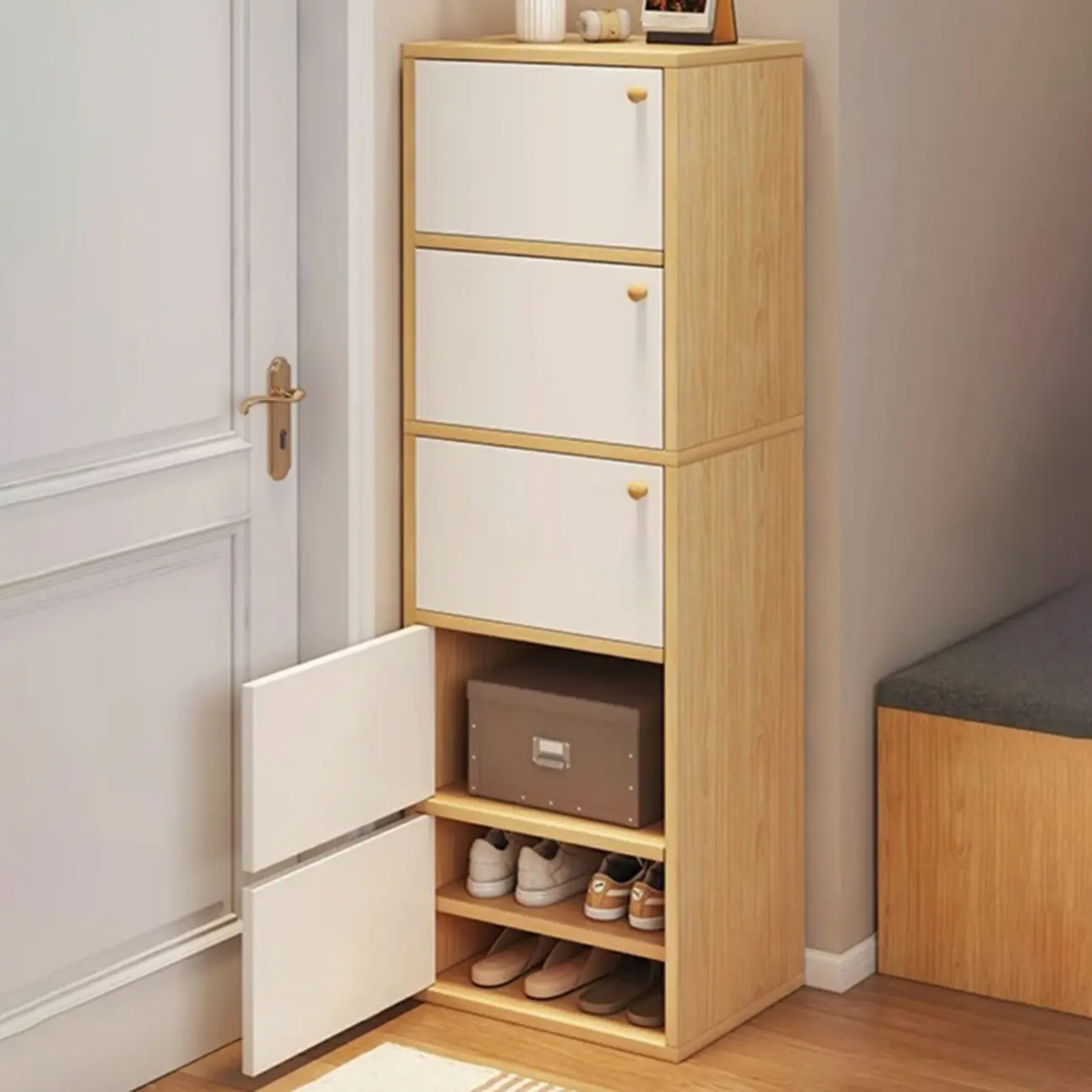 5-Tier Modern Oak Entryway Shoe Cabinet with Doors Image - 1 | homeyfad