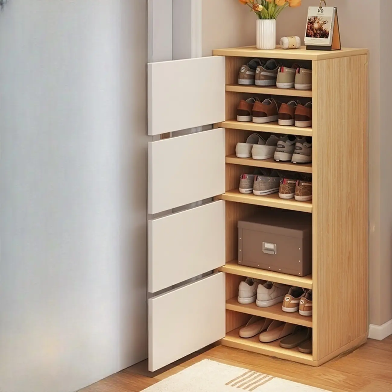 5-Tier Modern Oak Entryway Shoe Cabinet with Doors Image - 3 | homeyfad