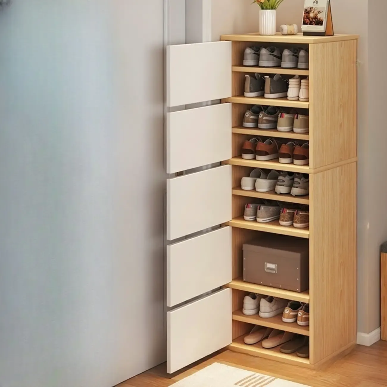 5-Tier Modern Oak Entryway Shoe Cabinet with Doors Image - 6