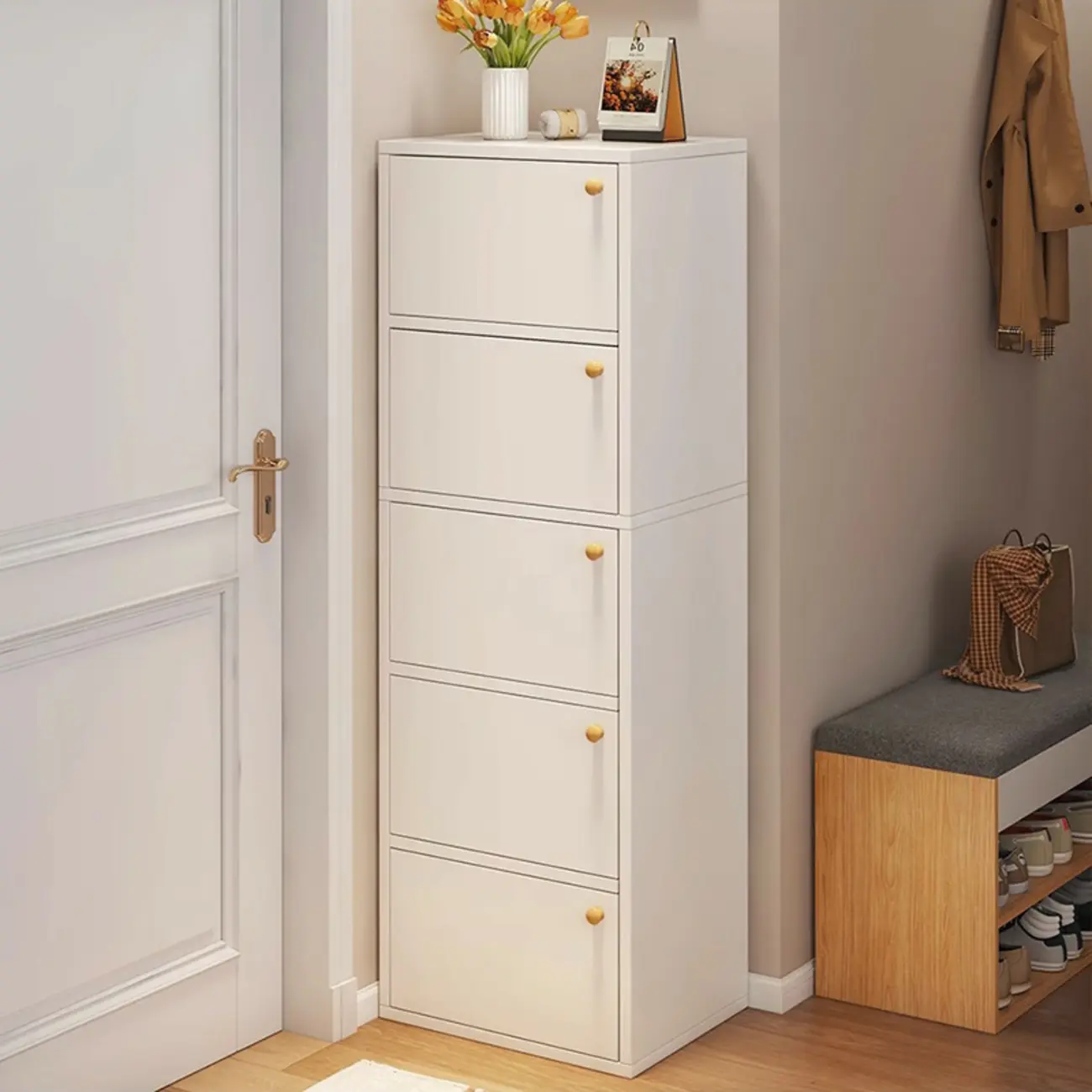 5-Tier Modern Oak Entryway Shoe Cabinet with Doors Image - 8 | homeyfad