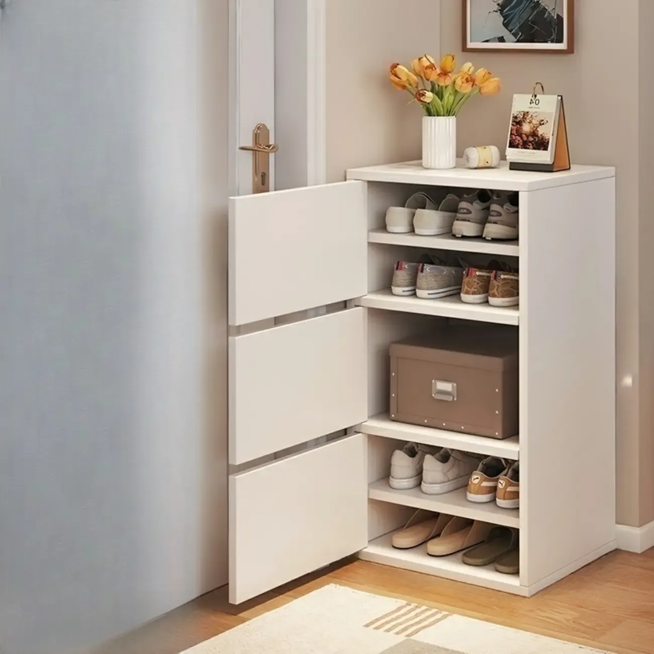 5-Tier Modern Oak Entryway Shoe Cabinet with Doors Image - 9