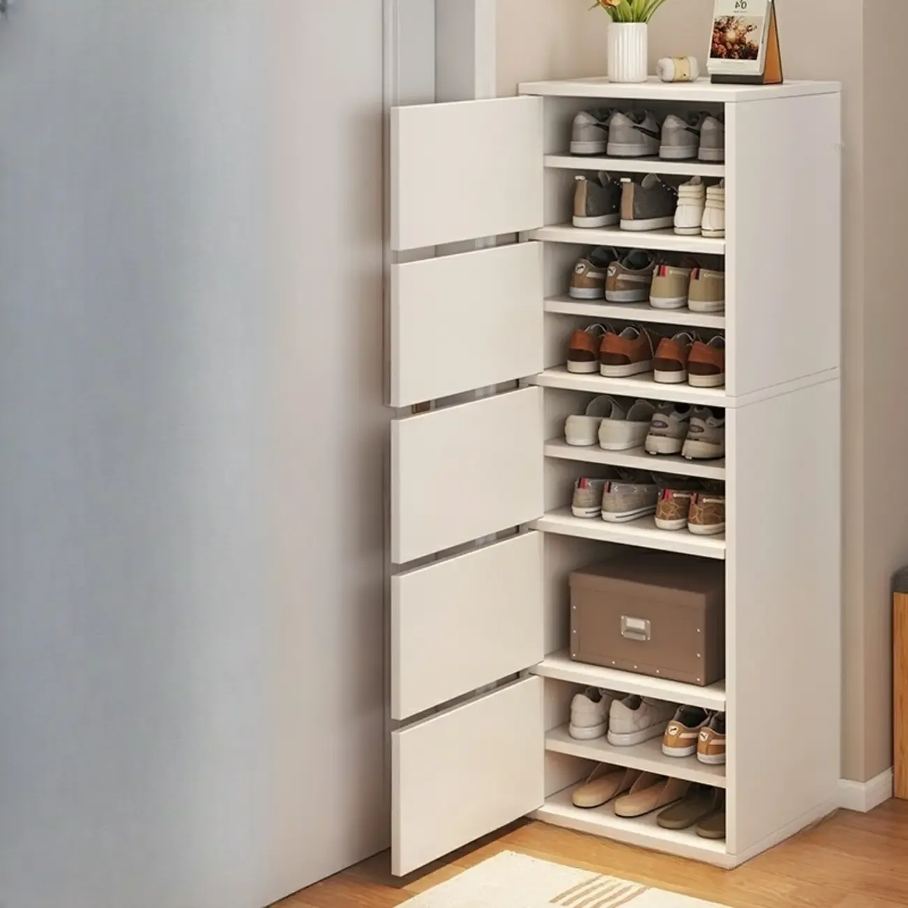5-Tier Modern Oak Entryway Shoe Cabinet with Doors Image - 13