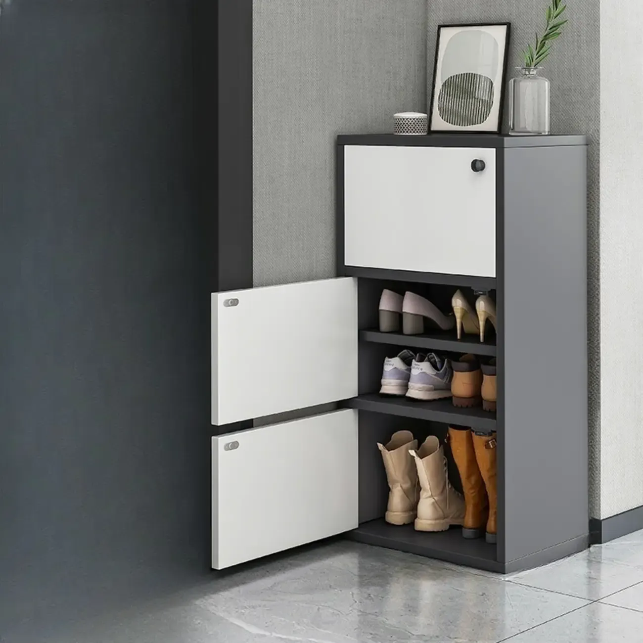 5-Tier Modern Oak Entryway Shoe Cabinet with Doors Image - 17