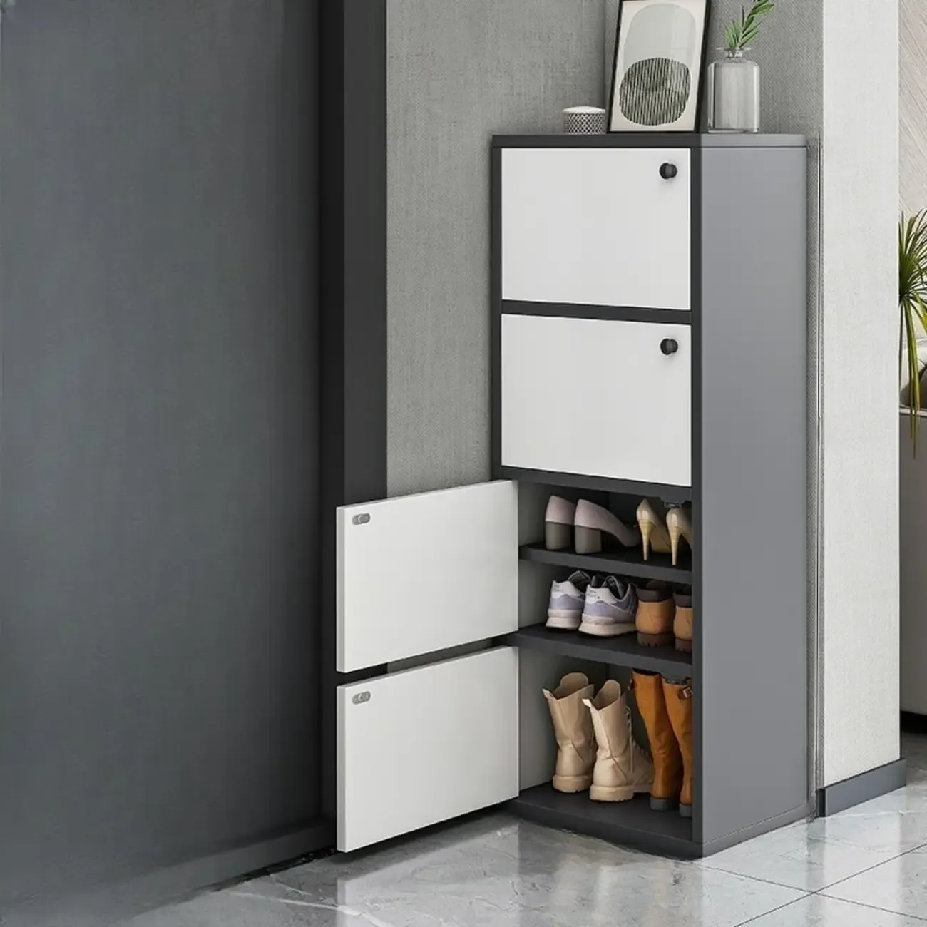 5-Tier Modern Oak Entryway Shoe Cabinet with Doors Image - 18