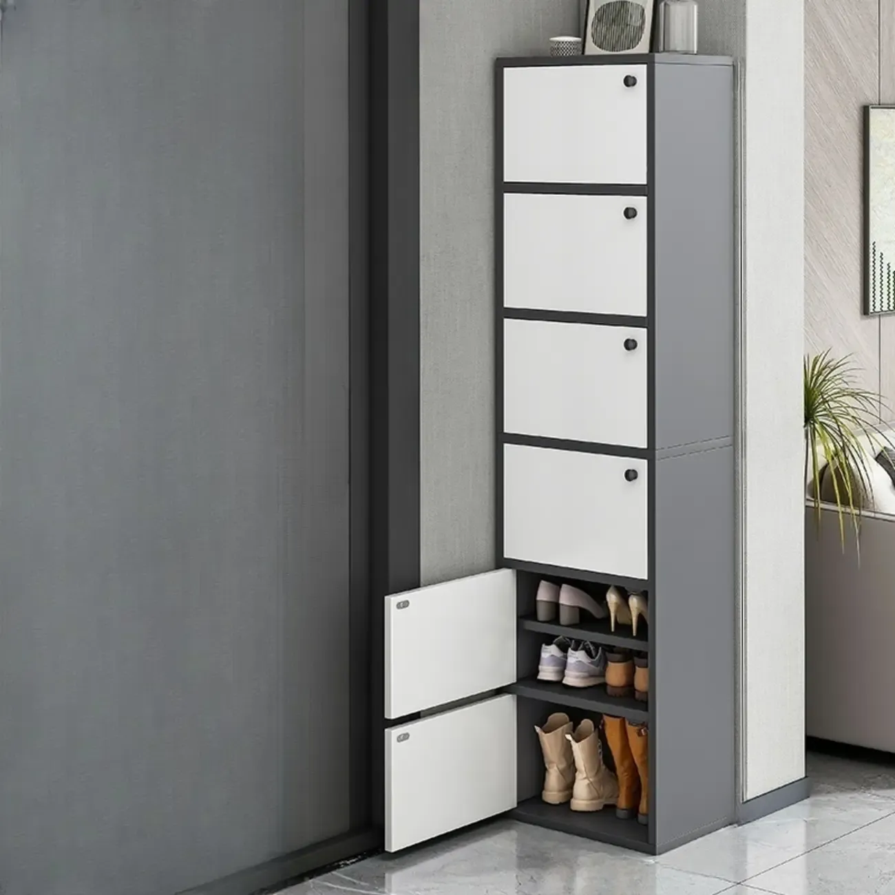 5-Tier Modern Oak Entryway Shoe Cabinet with Doors Image - 20