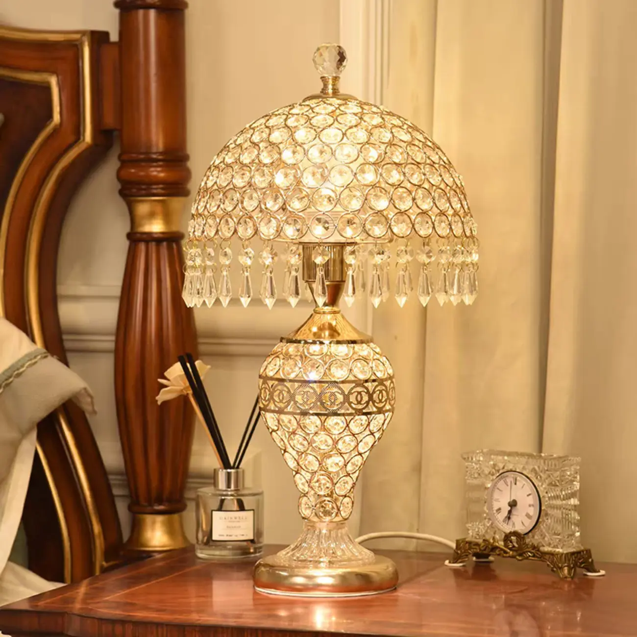 Traditional Luxurious Empire Gold Crystal Bedside Lamps Image - 3 | homeyfad