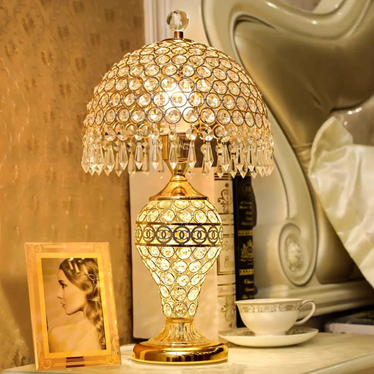 Traditional Luxurious Empire Gold Crystal Bedside Lamps Image - 2 | homeyfad