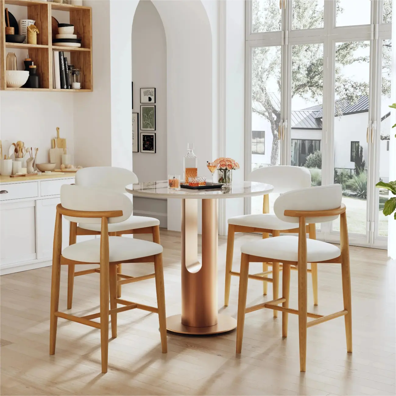 Modern Off-White Leather Curved Back Counter Bar Stools Image - 4 | homeyfad