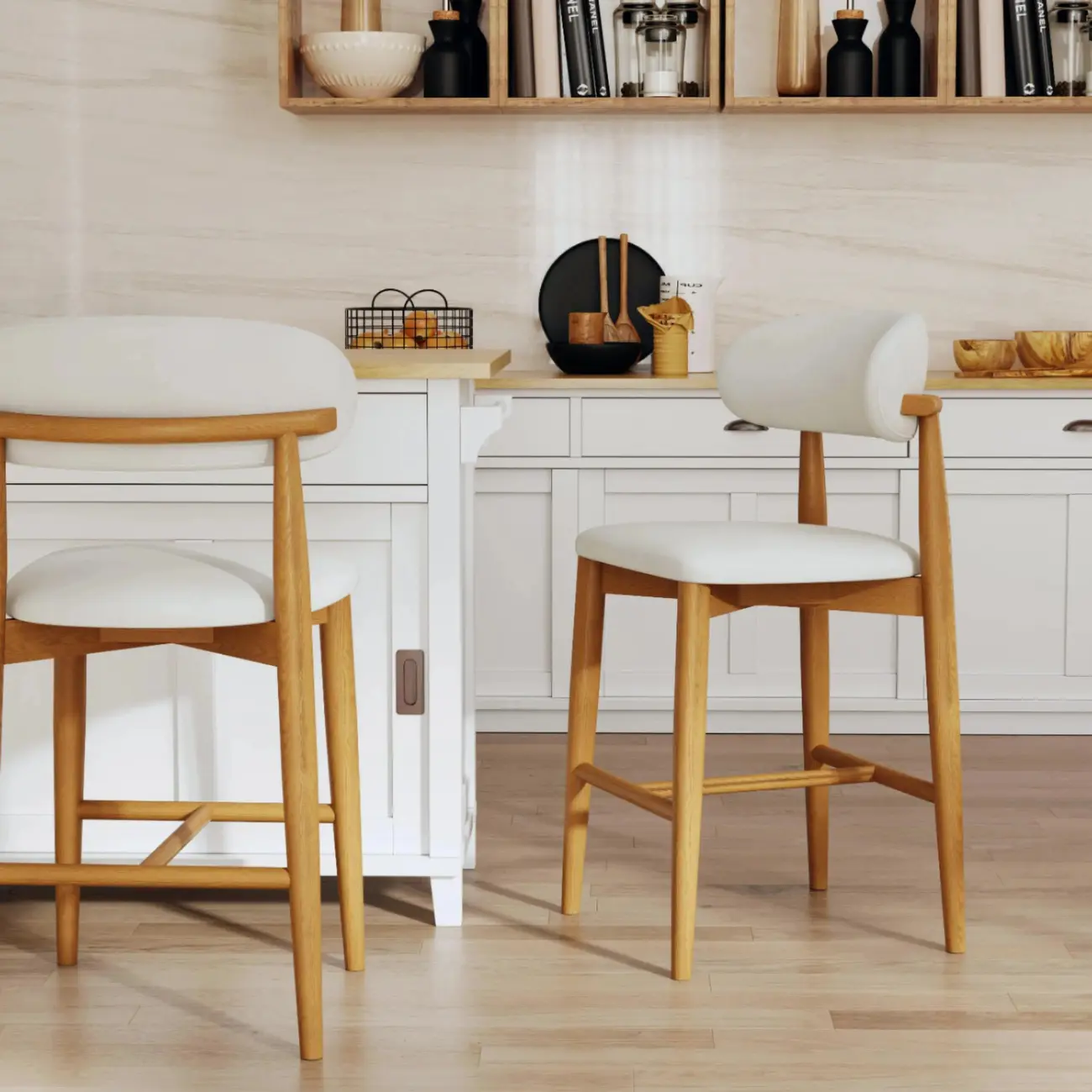 Modern Off-White Leather Curved Back Counter Bar Stools Image - 3 | homeyfad