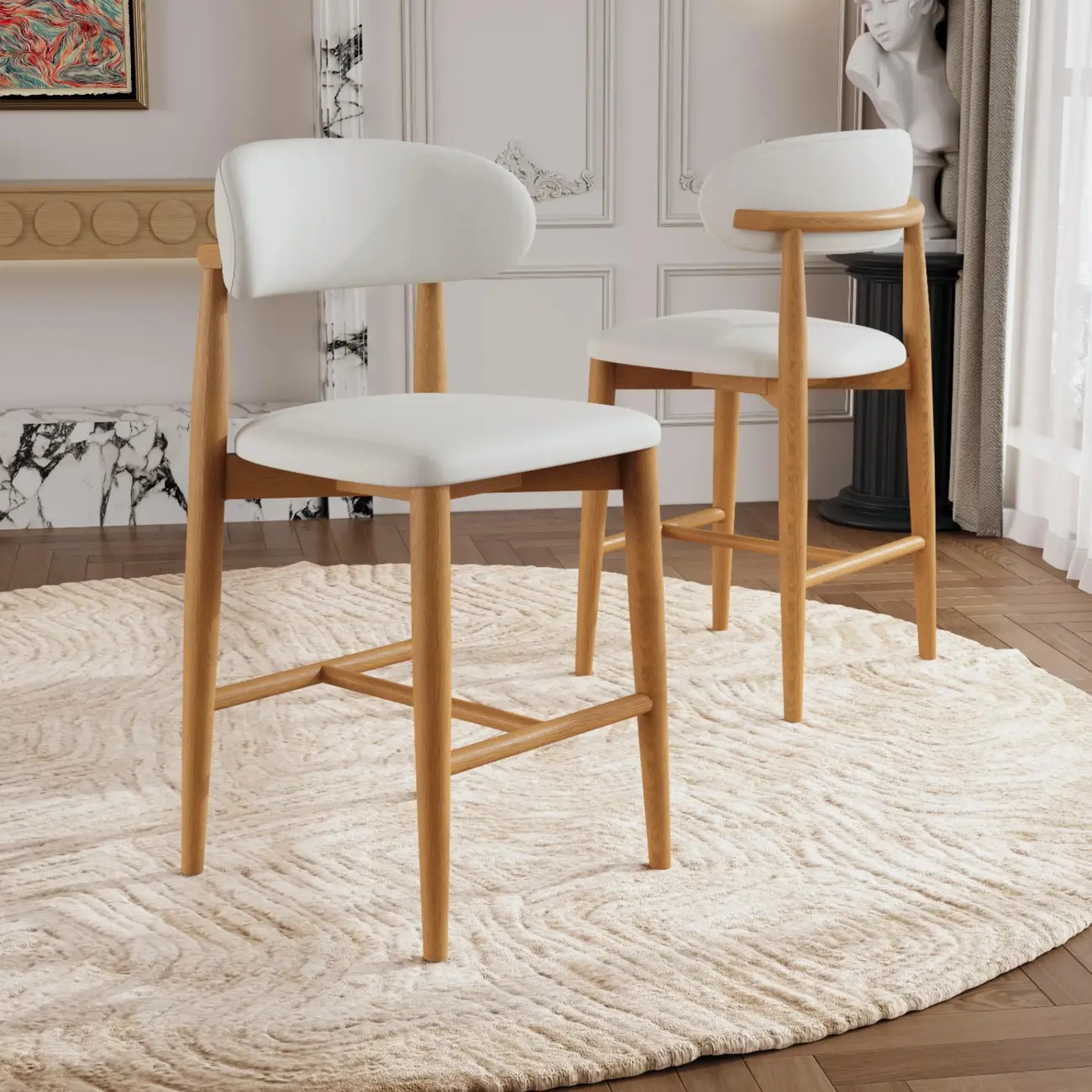 Modern Off-White Leather Curved Back Counter Bar Stools Image - 1 | homeyfad