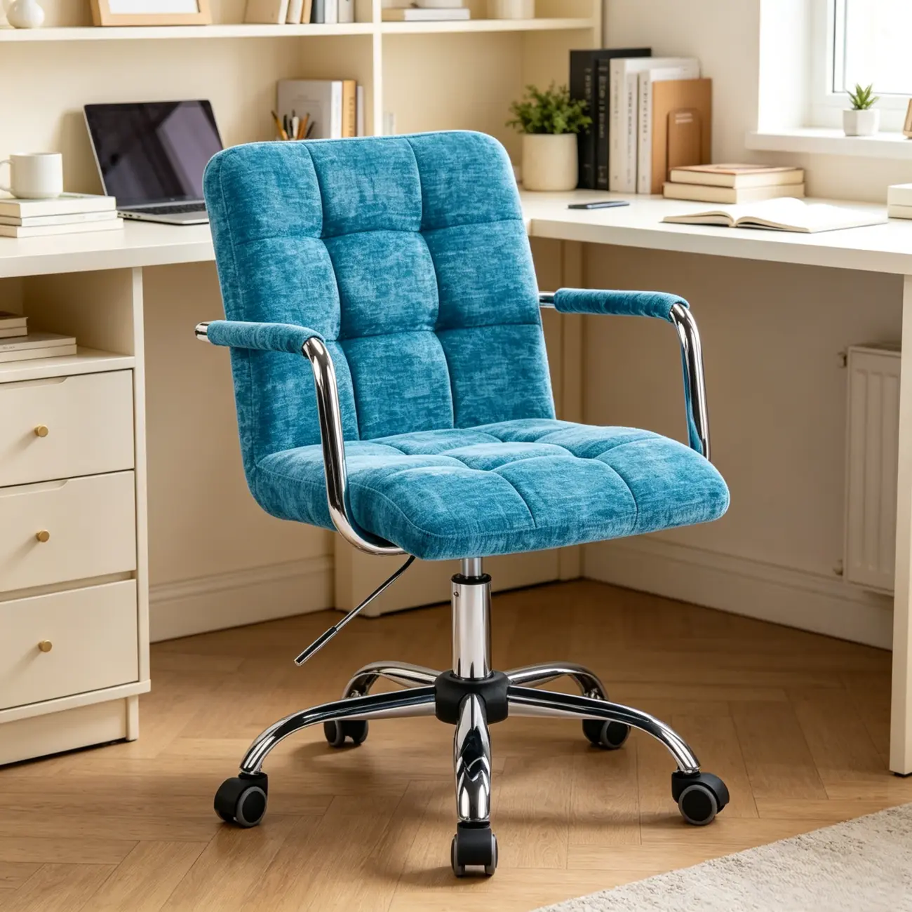 Adjustable Blue Fabric Upholstered Swivel Office Chair Image - 1 | homeyfad