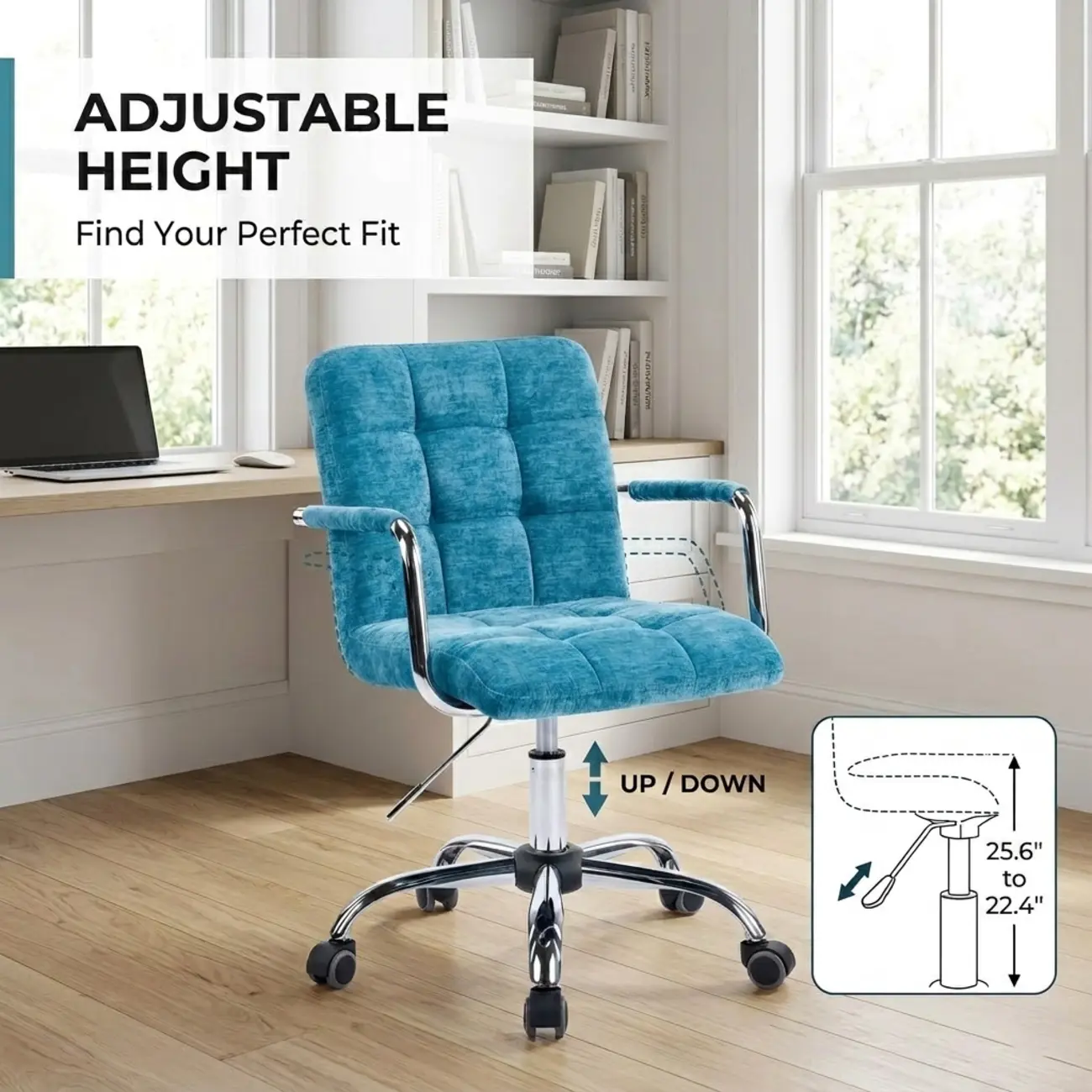 Adjustable Blue Fabric Upholstered Swivel Office Chair Image - 2 | homeyfad