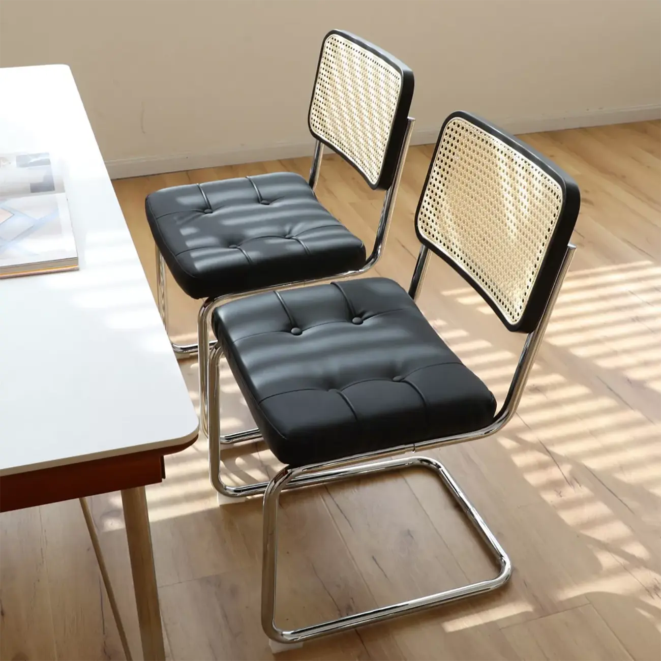 Scandinavian Tufted Leather Armless Dining Chair Image - 3 | homeyfad