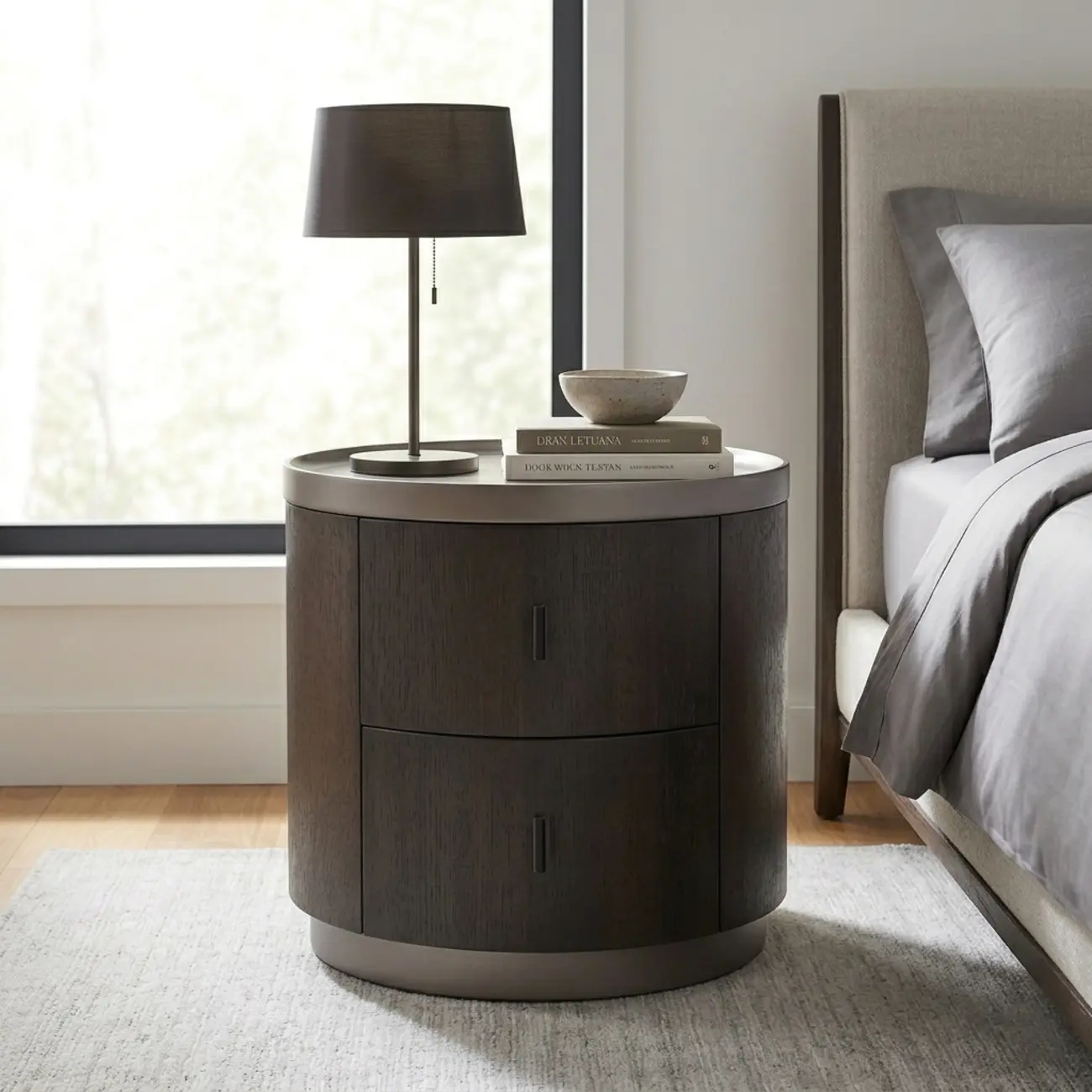 Luxury Brown Wood Round Nightstand with 2-Drawer Image - 4 | homeyfad