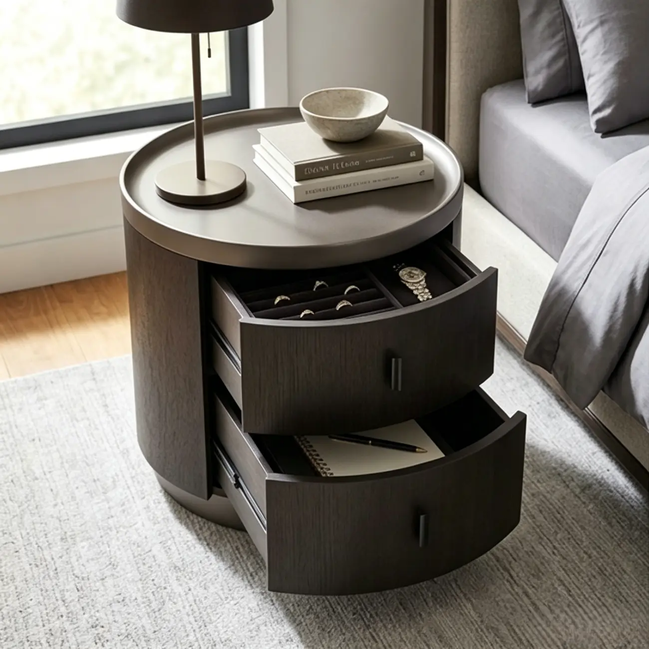 Luxury Brown Wood Round Nightstand with 2-Drawer Image - 2 | homeyfad