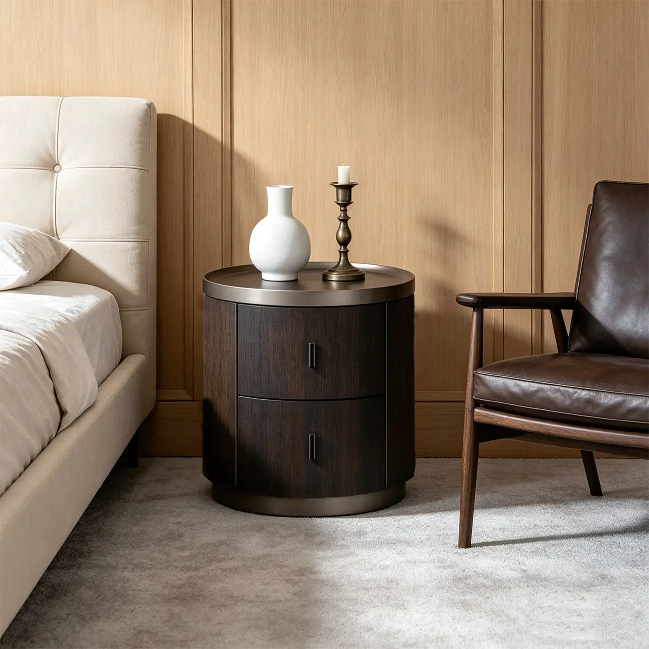 Luxury Brown Wood Round Nightstand with 2-Drawer Image - 5 | homeyfad