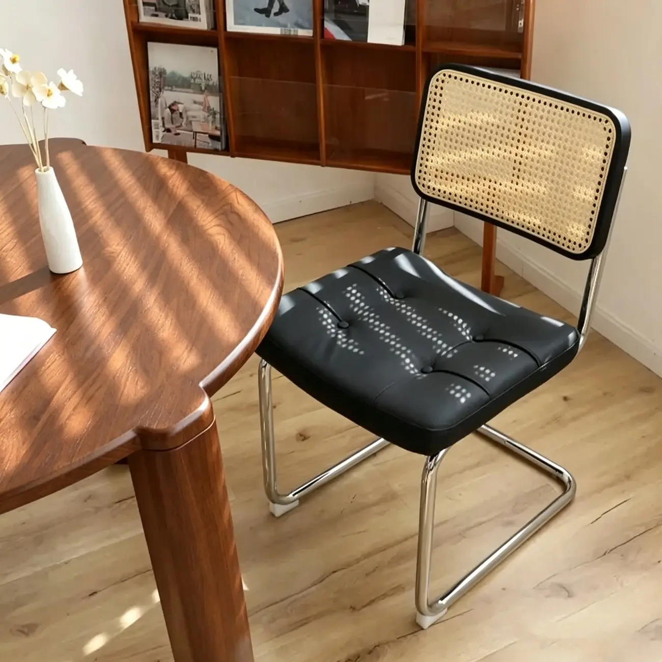 Scandinavian Tufted Leather Armless Dining Chair Image - 12 | homeyfad
