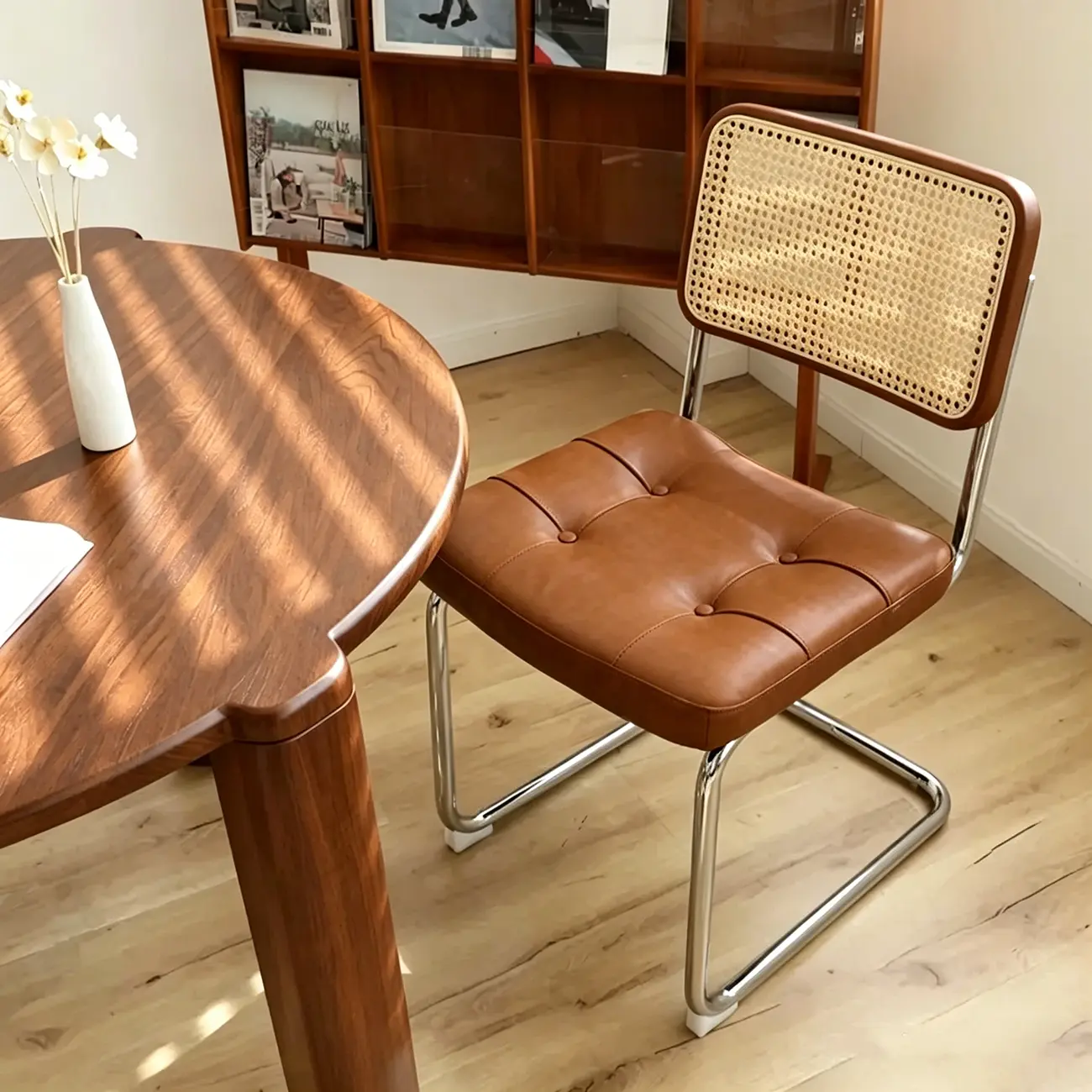 Scandinavian Tufted Leather Armless Dining Chair Image - 13 | homeyfad