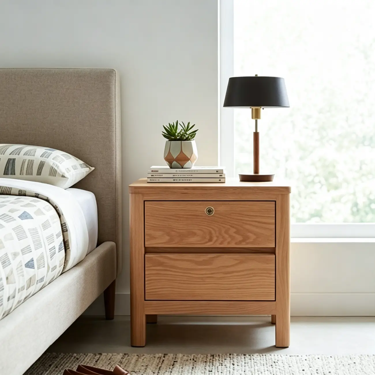 Scandinavian Oak Wood Narrow Locking Nightstand Image - 1 | homeyfad