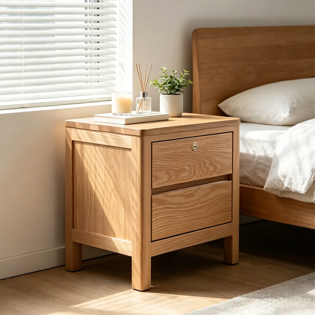 Scandinavian Oak Wood Narrow Locking Nightstand Image - 3 | homeyfad