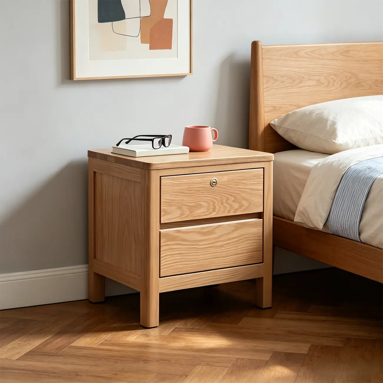 Scandinavian Oak Wood Narrow Locking Nightstand Image - 4 | homeyfad