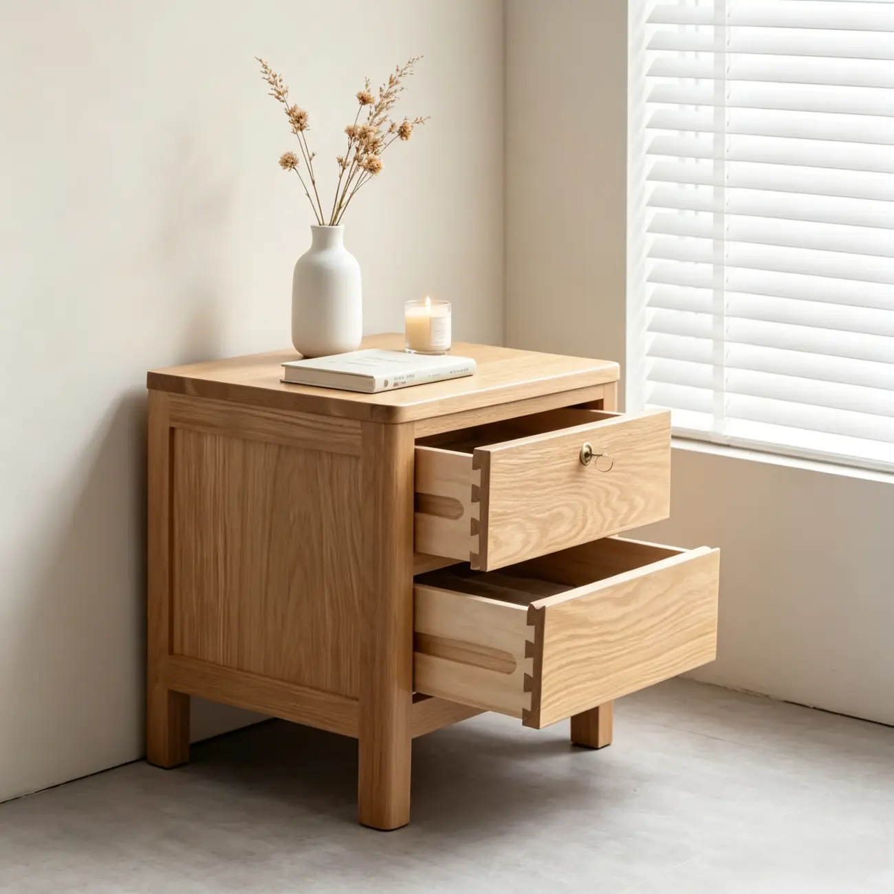 Scandinavian Oak Wood Narrow Locking Nightstand Image - 2 | homeyfad