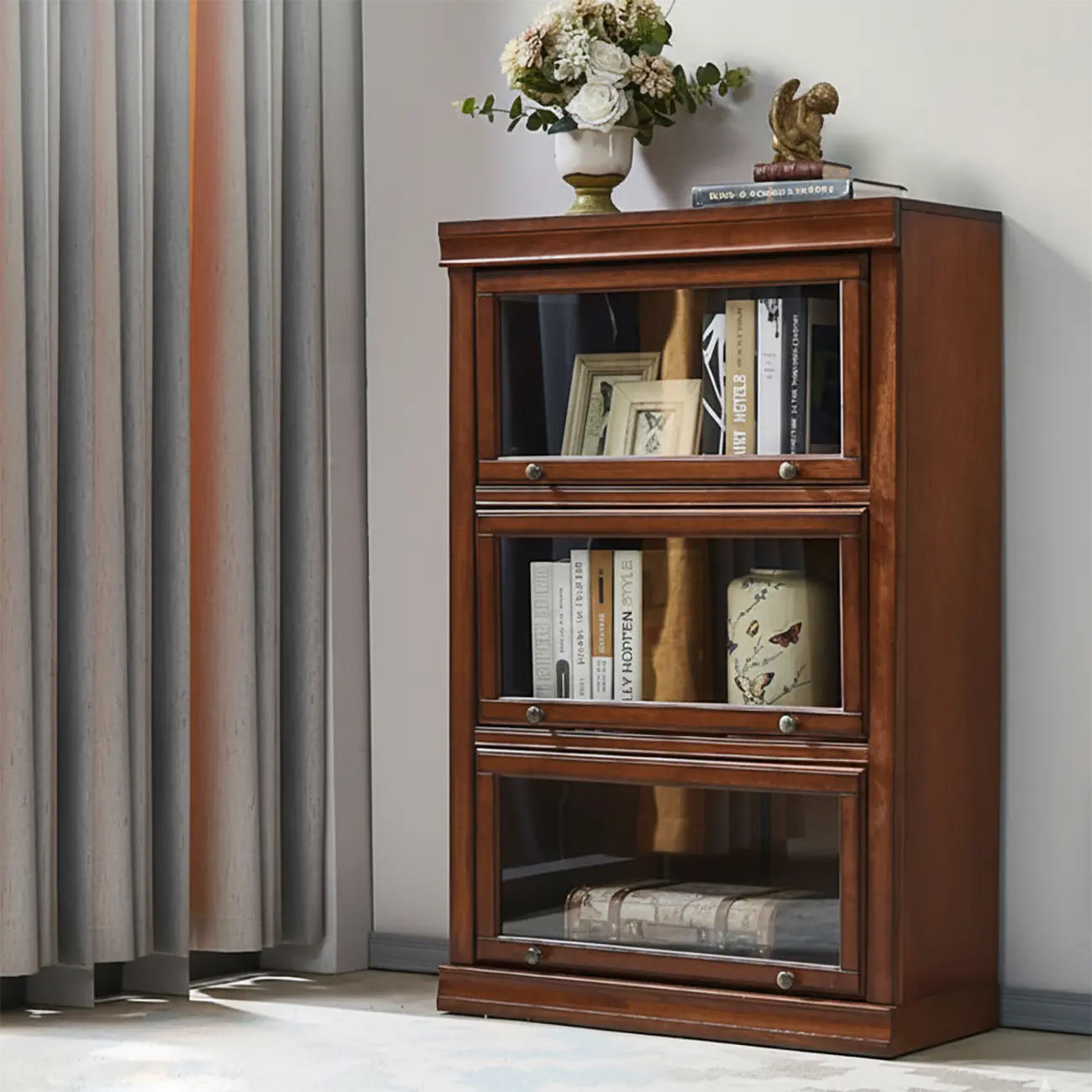 Brown Oak Wood Barrister Bookcases with Glass Doors Image - 6 | homeyfad