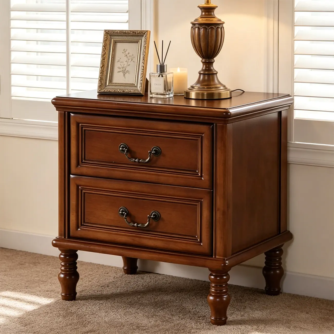 Victorian Brown 2-Drawer Wood Nightstand for Bedroom Image - 1 | homeyfad
