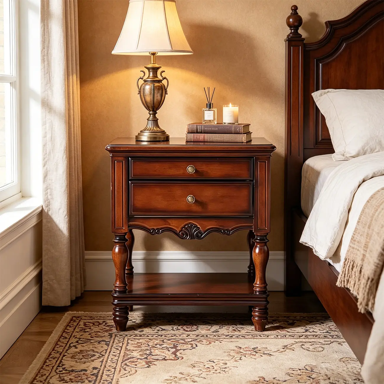 Victorian Brown 2-Drawer Wood Nightstand for Bedroom Image - 5 | homeyfad