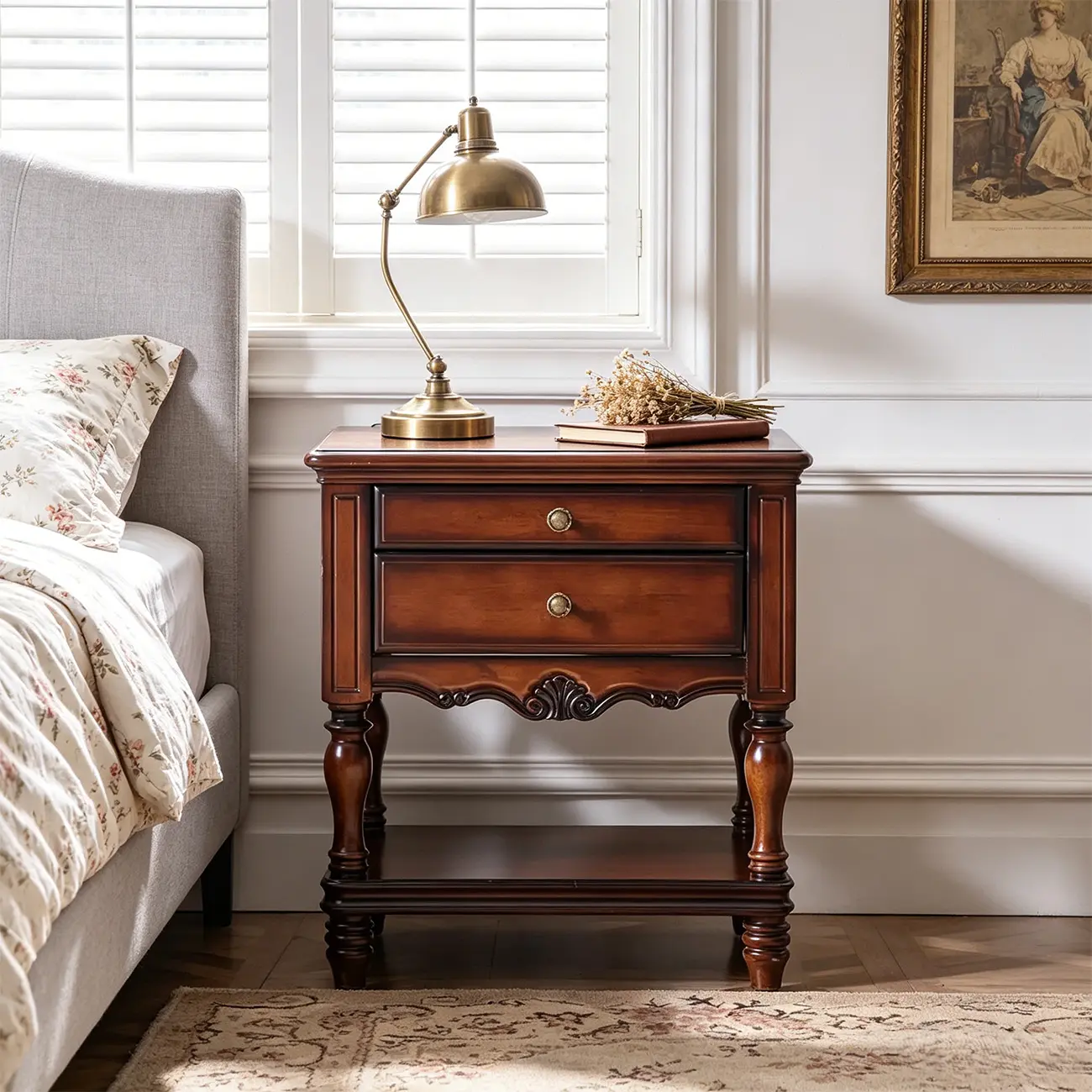Victorian Brown 2-Drawer Wood Nightstand for Bedroom Image - 6 | homeyfad