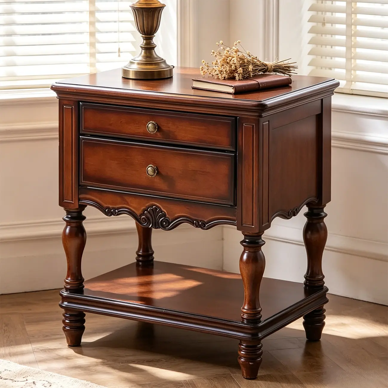 Victorian Brown 2-Drawer Wood Nightstand for Bedroom Image - 7 | homeyfad