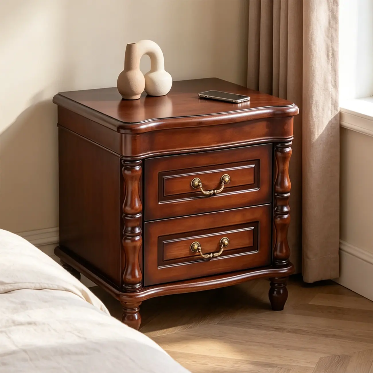 Victorian Brown 2-Drawer Wood Nightstand for Bedroom Image - 10 | homeyfad