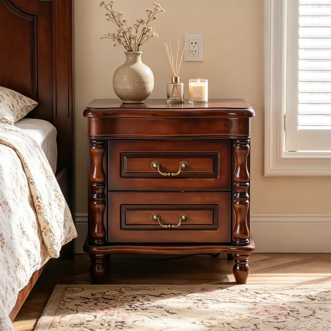 Victorian Brown 2-Drawer Wood Nightstand for Bedroom Image - 9 | homeyfad