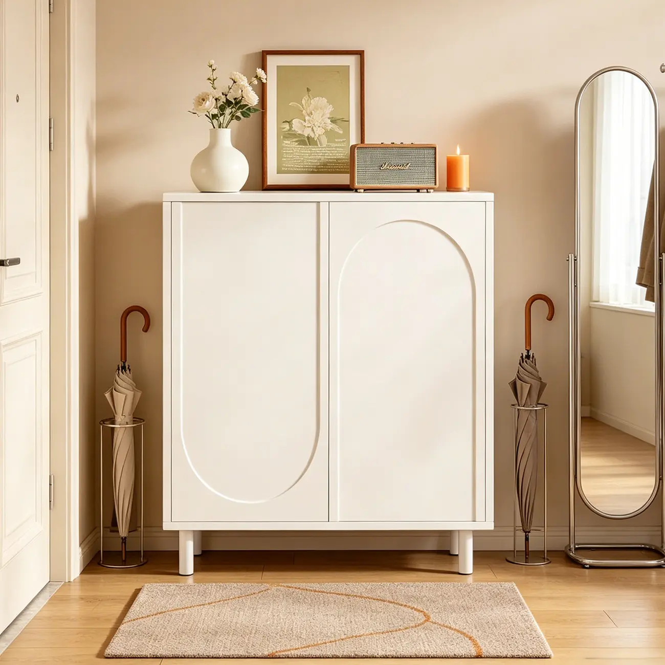 White Curved Panel Shoe Cabinet with Open Base Storages Image - 1 | homeyfad