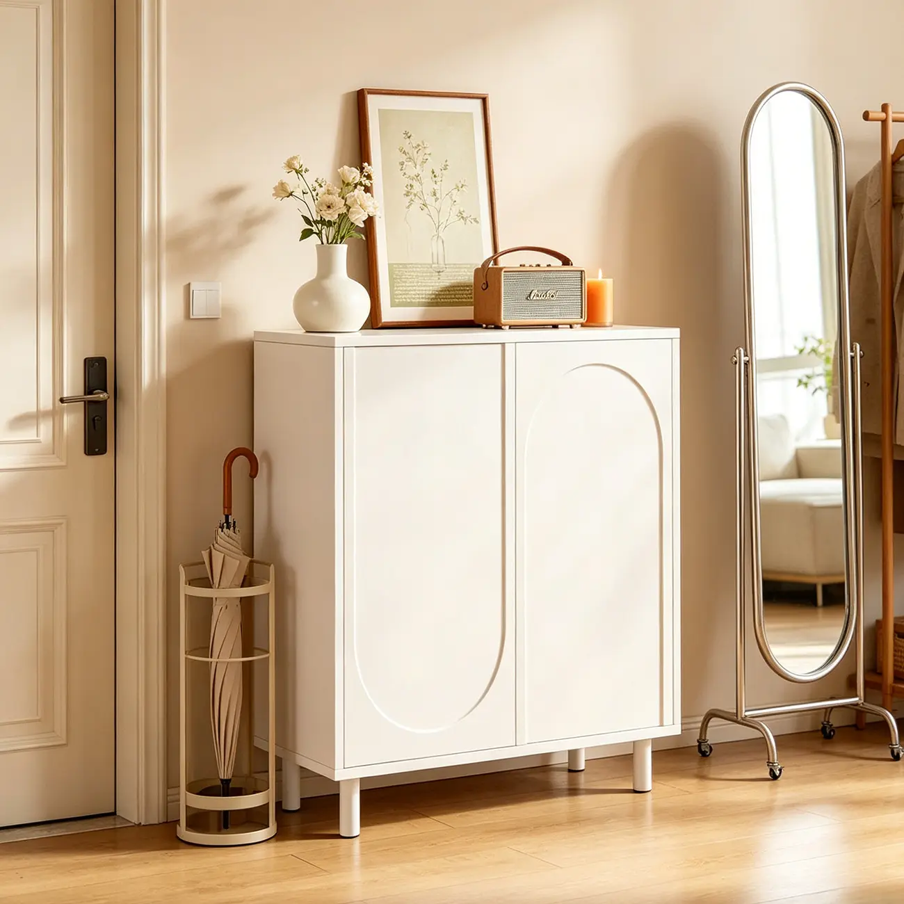 White Curved Panel Shoe Cabinet with Open Base Storages Image - 2 | homeyfad