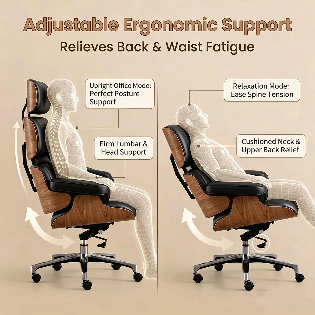 Mid-Century Modern Ergonomic Office Chair Genuine Leather Image - 6 | homeyfad