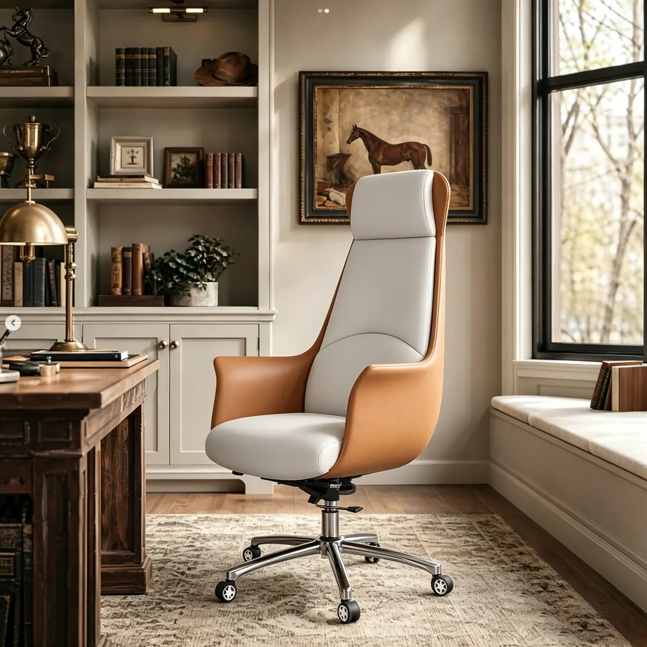 Modern White Orange Leather Ergonomic Executive Office Chair Image - 1 | homeyfad
