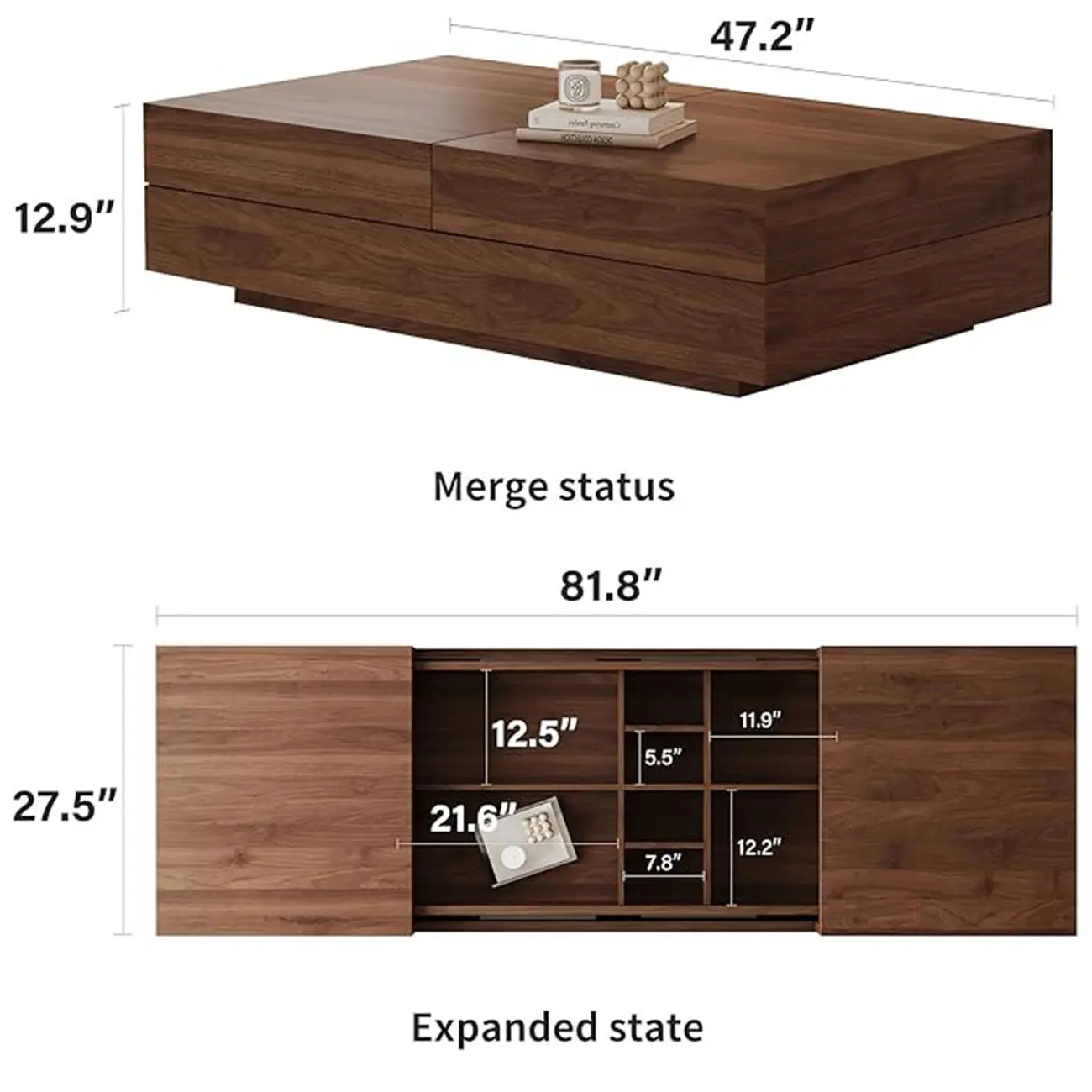 Mid-Century Modern Walnut Color Expandable Storage Coffee Table #size | homeyfad