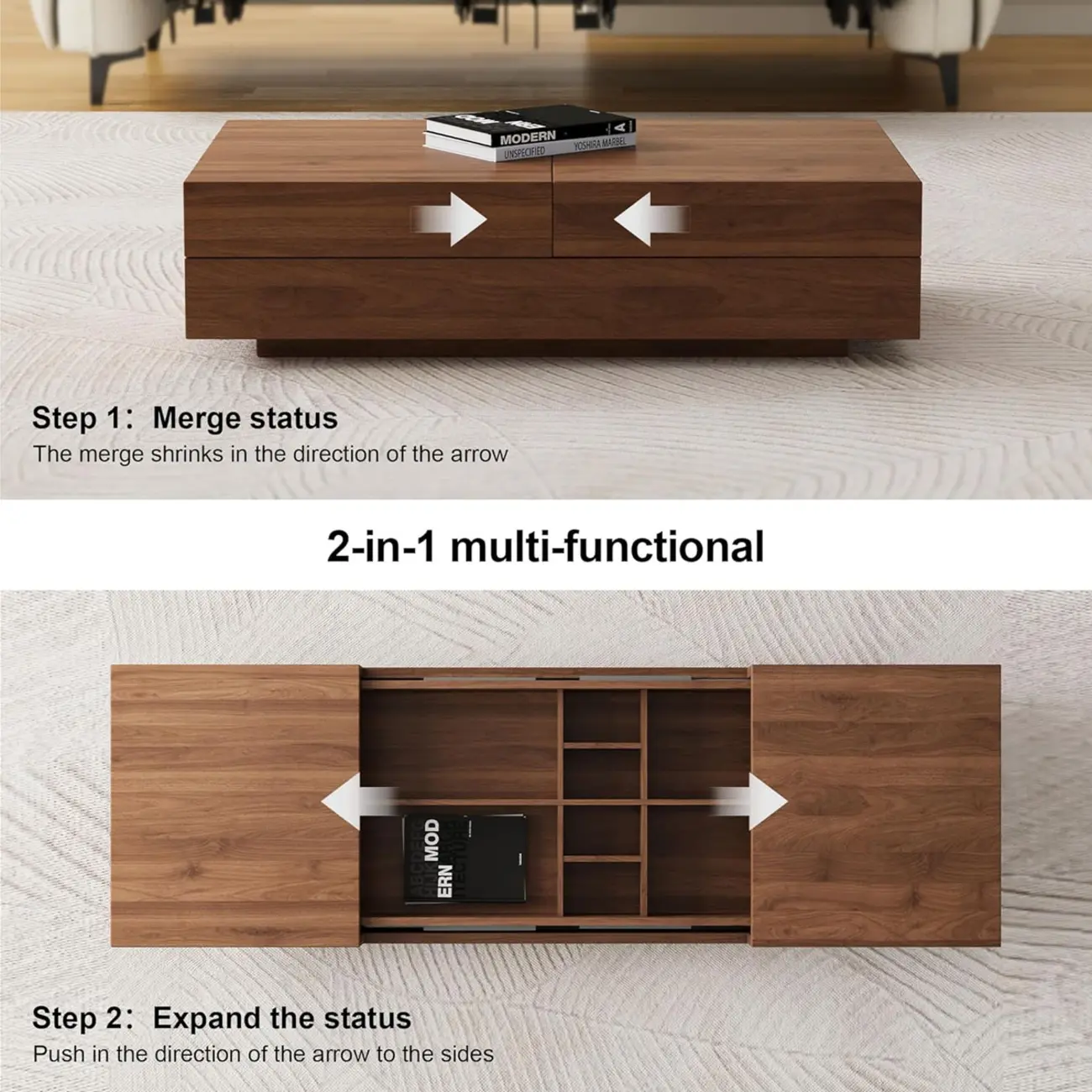 Mid-Century Modern Walnut Color Expandable Storage Coffee Table Image - 5 | homeyfad