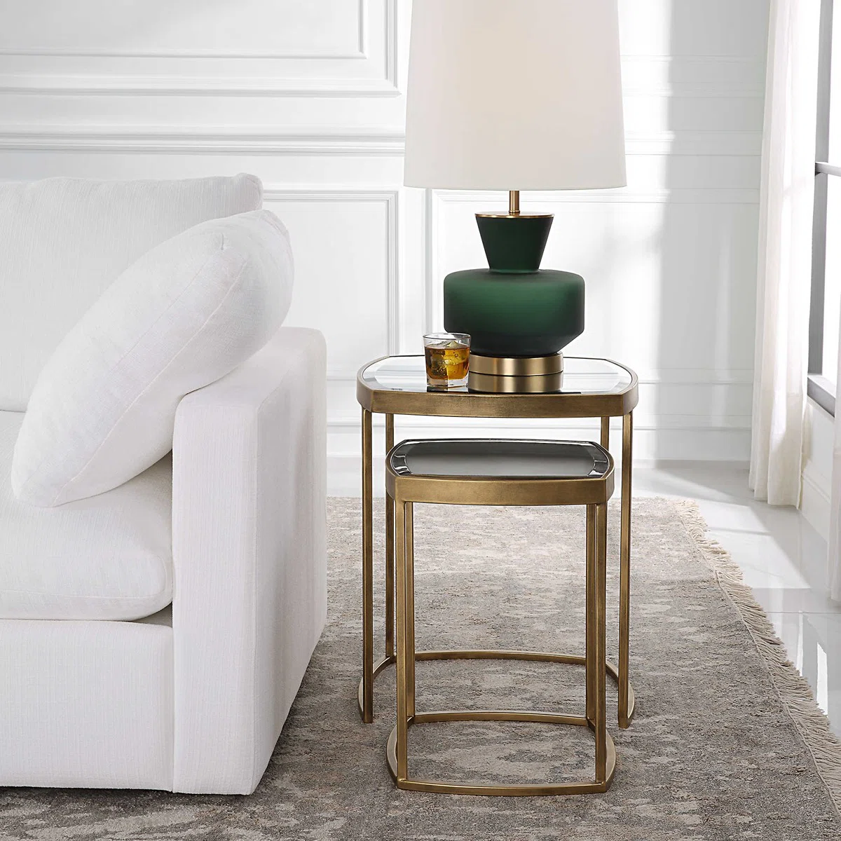 Modern Luxury Black Glass Top Metal Nesting Side Table Image - 6 | homeyfad