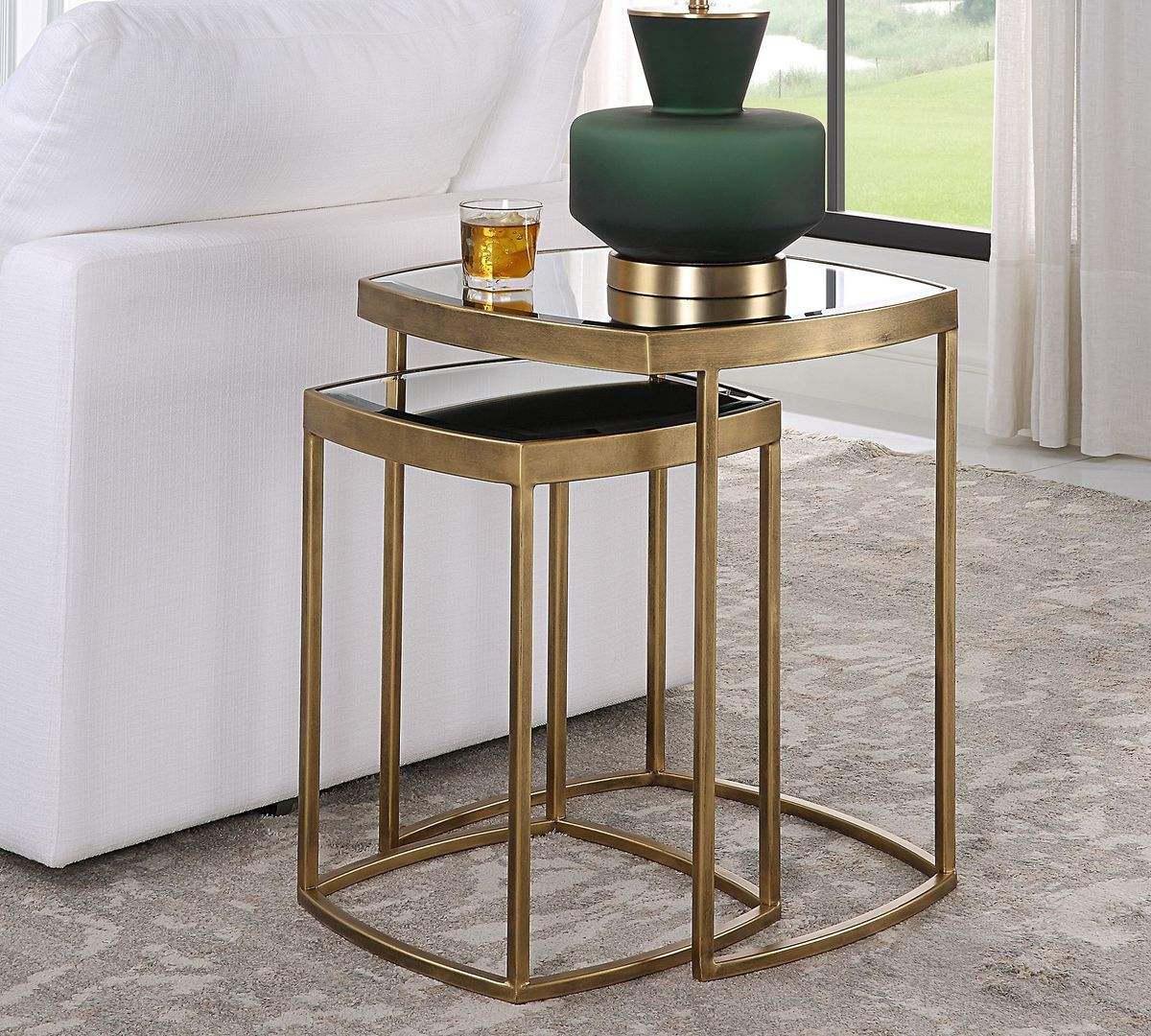 Modern Luxury Black Glass Top Metal Nesting Side Table | homeyfad