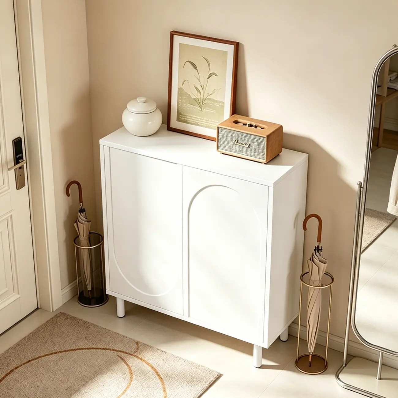 White Curved Panel Shoe Cabinet with Open Base Storages Image - 3 | homeyfad