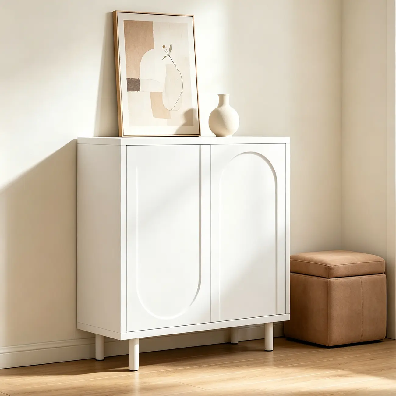White Curved Panel Shoe Cabinet with Open Base Storages Image - 4 | homeyfad